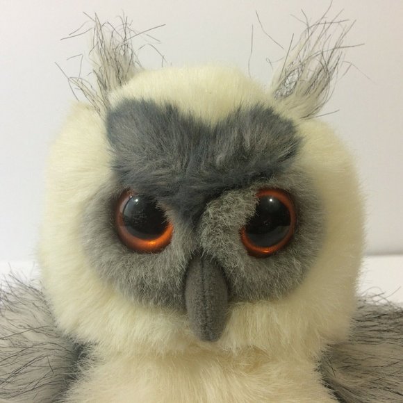 Aurora Horned Owl Plush White Gray 9" Stuffed Animal Toy Realistic Orange Eyes - Picture 2 of 12